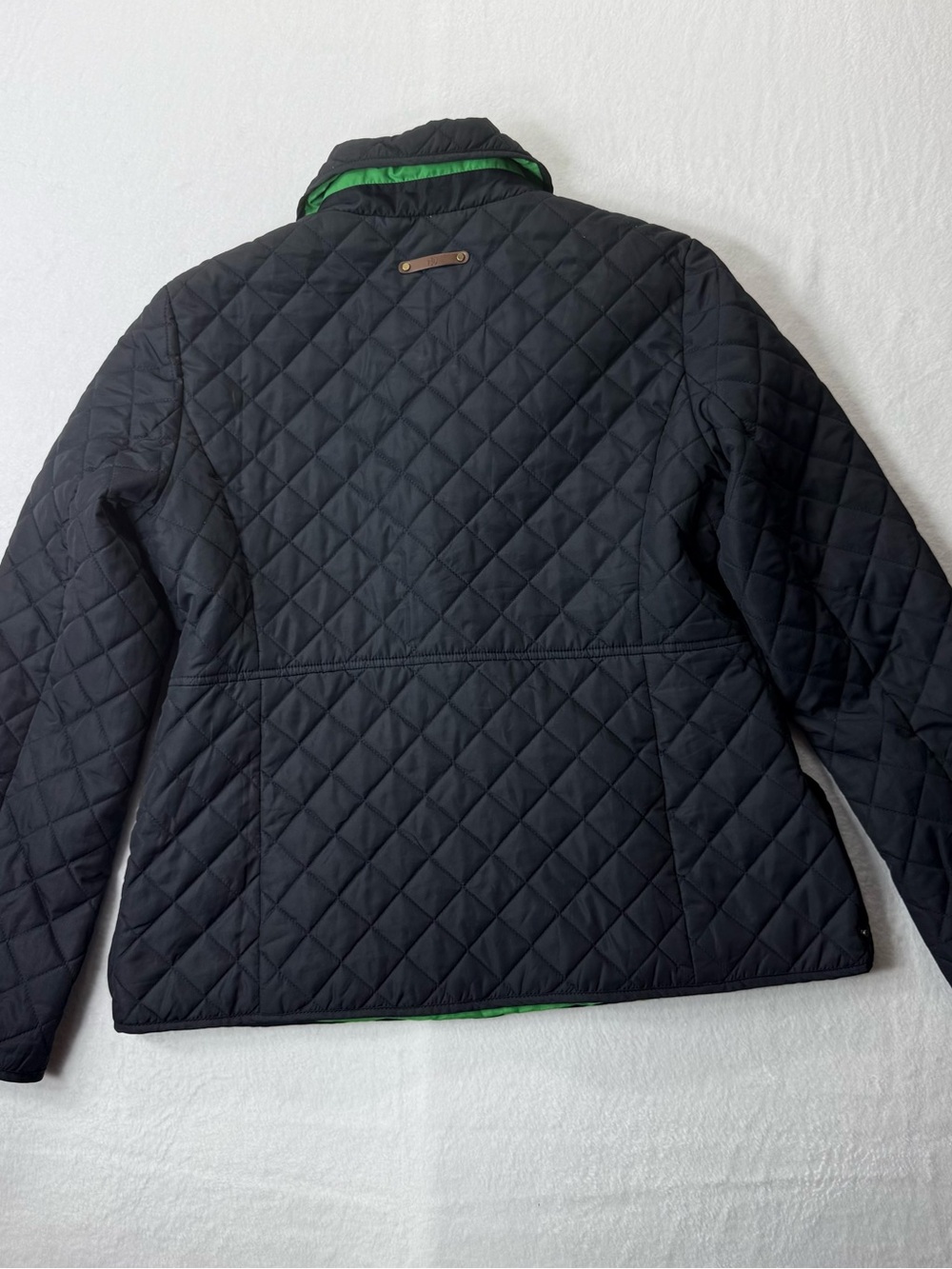 Lauren Ralph Lauren Women’s Large Black Quilted Jacket Green Lining Gold Snap - Picture 12 of 13